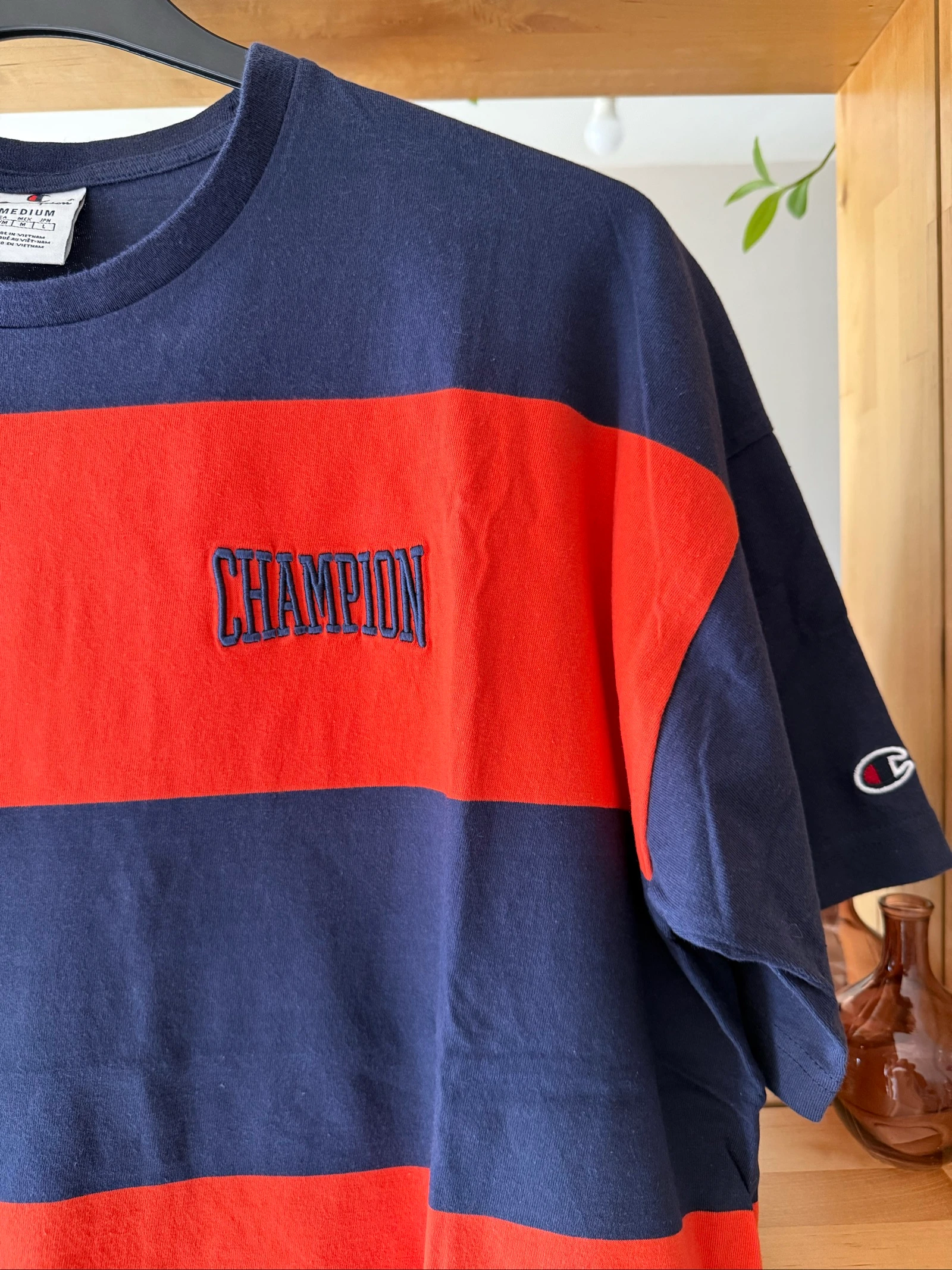 Heren T-shirt Champion M Oversize – Marineblauw Rood – Geborduurd – Zeer Goede Staat – photo 4